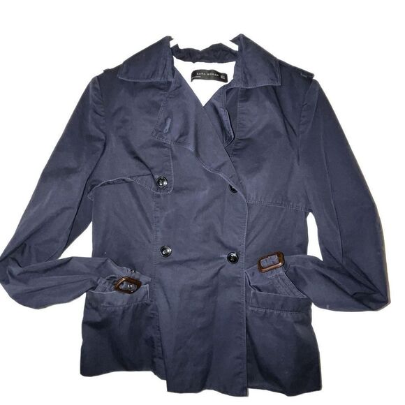 Zara Women's Jacket Coat Sz M‎ Navy Blue Business Collared Buttons Buckles Chic - Picture 1 of 13